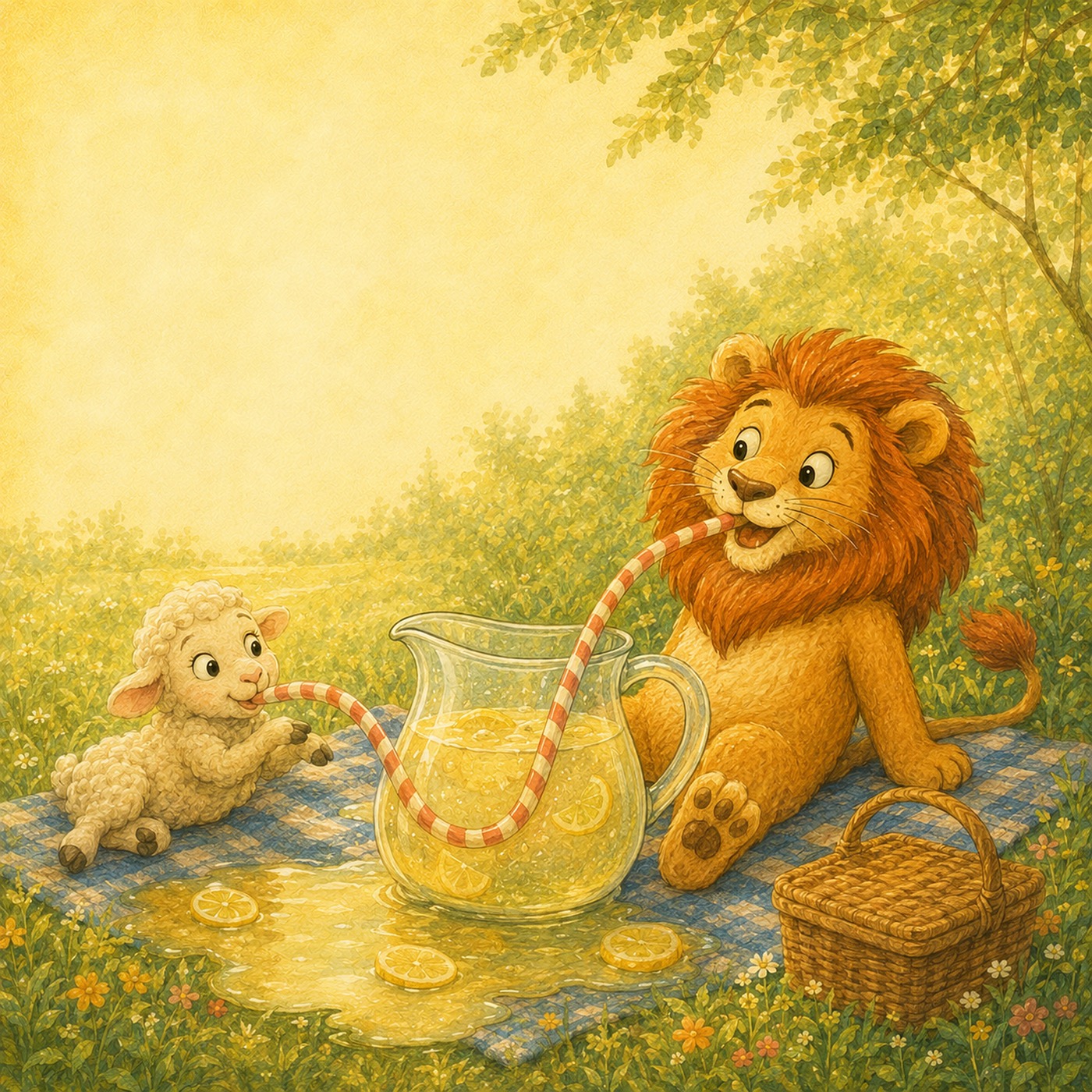 Lulu Lion and Leo Lamb sharing lemonade at a woodland picnic